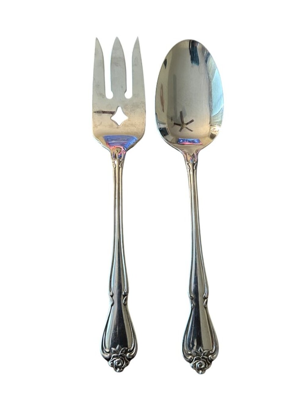 1881 Rogers Oneida Arbor Rose Serving Fork & Spoon Set Stainless 1967 Glossy Fin